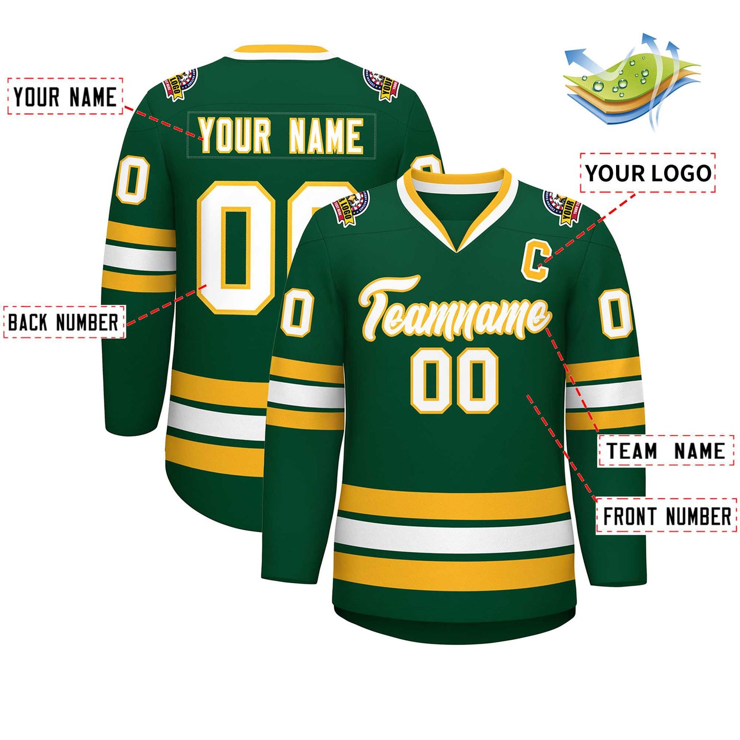 Custom Green White-Gold Classic Style Hockey Jersey Limited