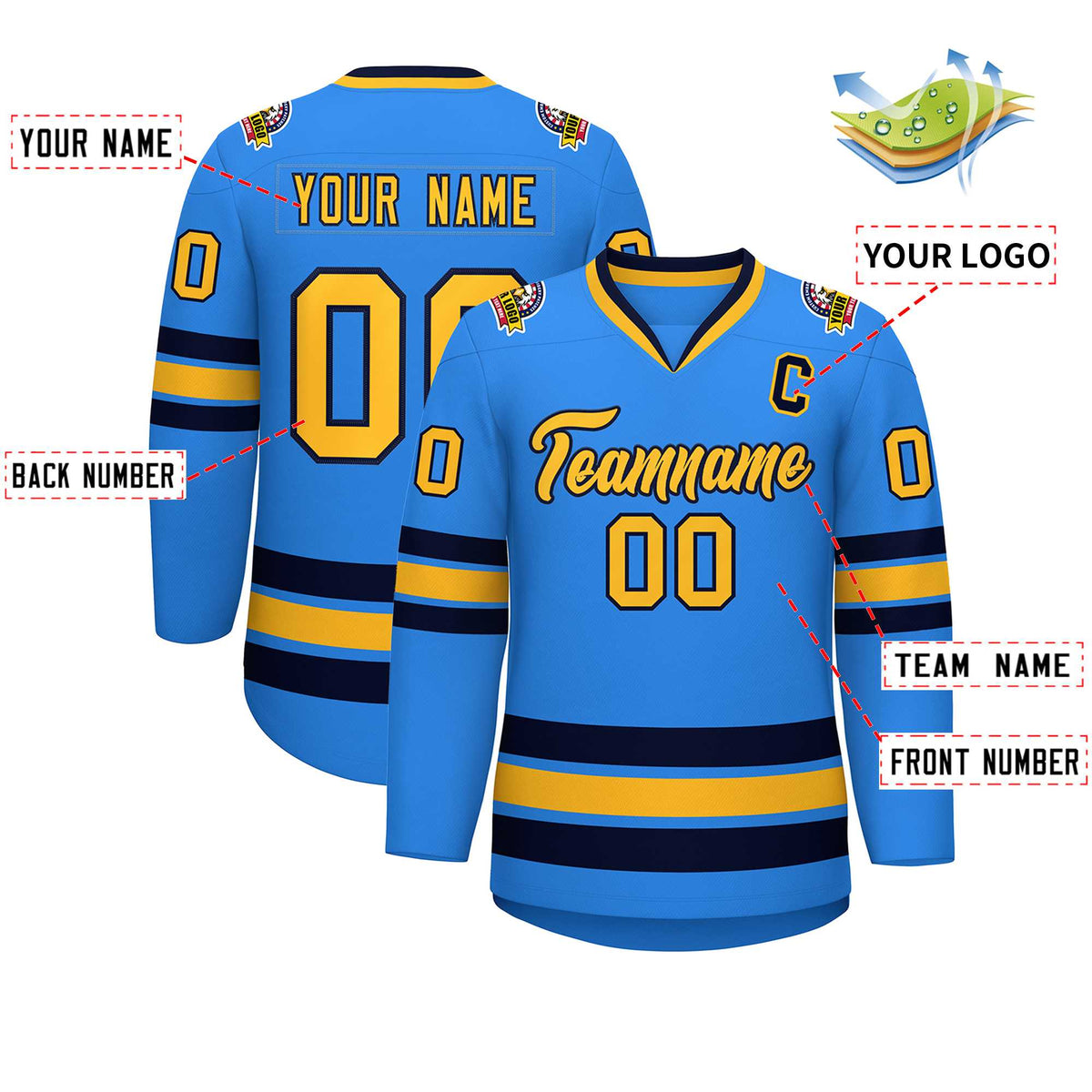 Custom Powder Blue Gold-Navy Classic Style Hockey Jersey Limited