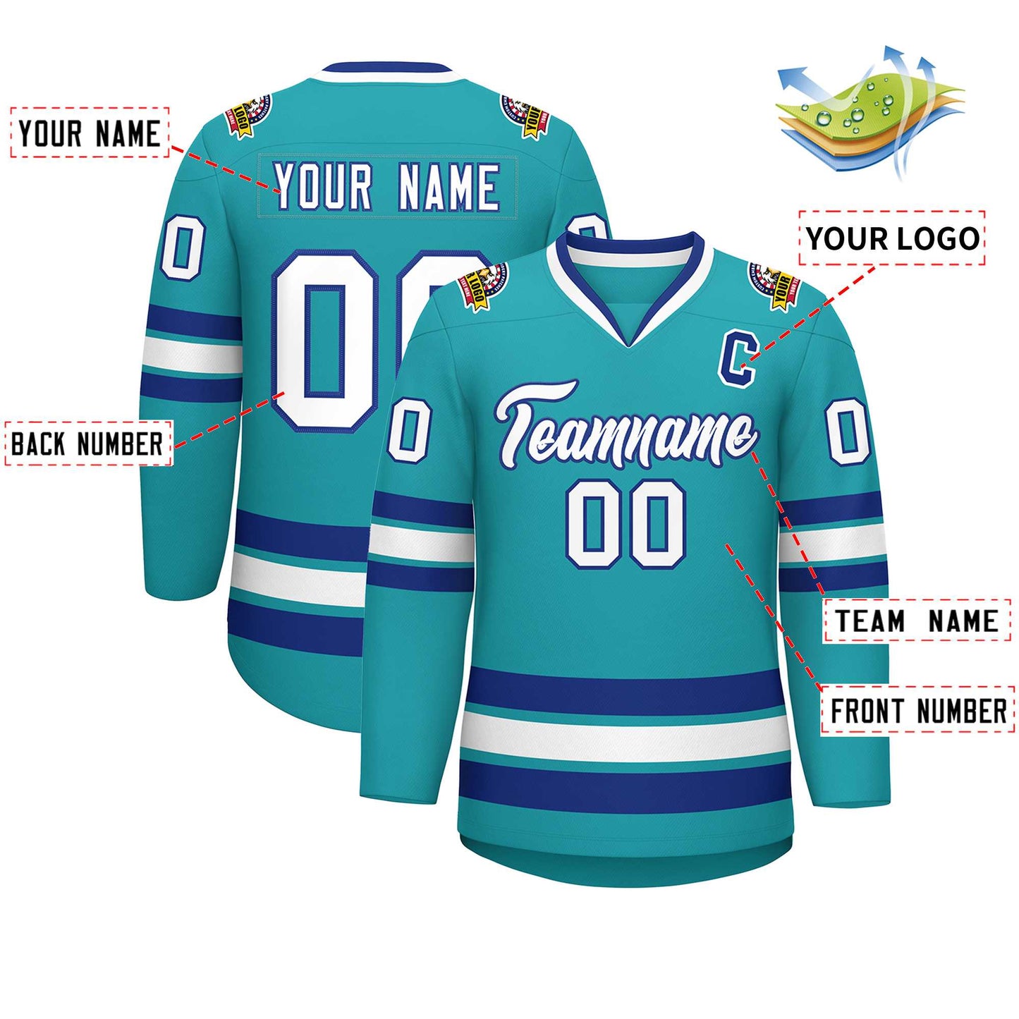 Custom Aqua White-Royal Classic Style Hockey Jersey Limited