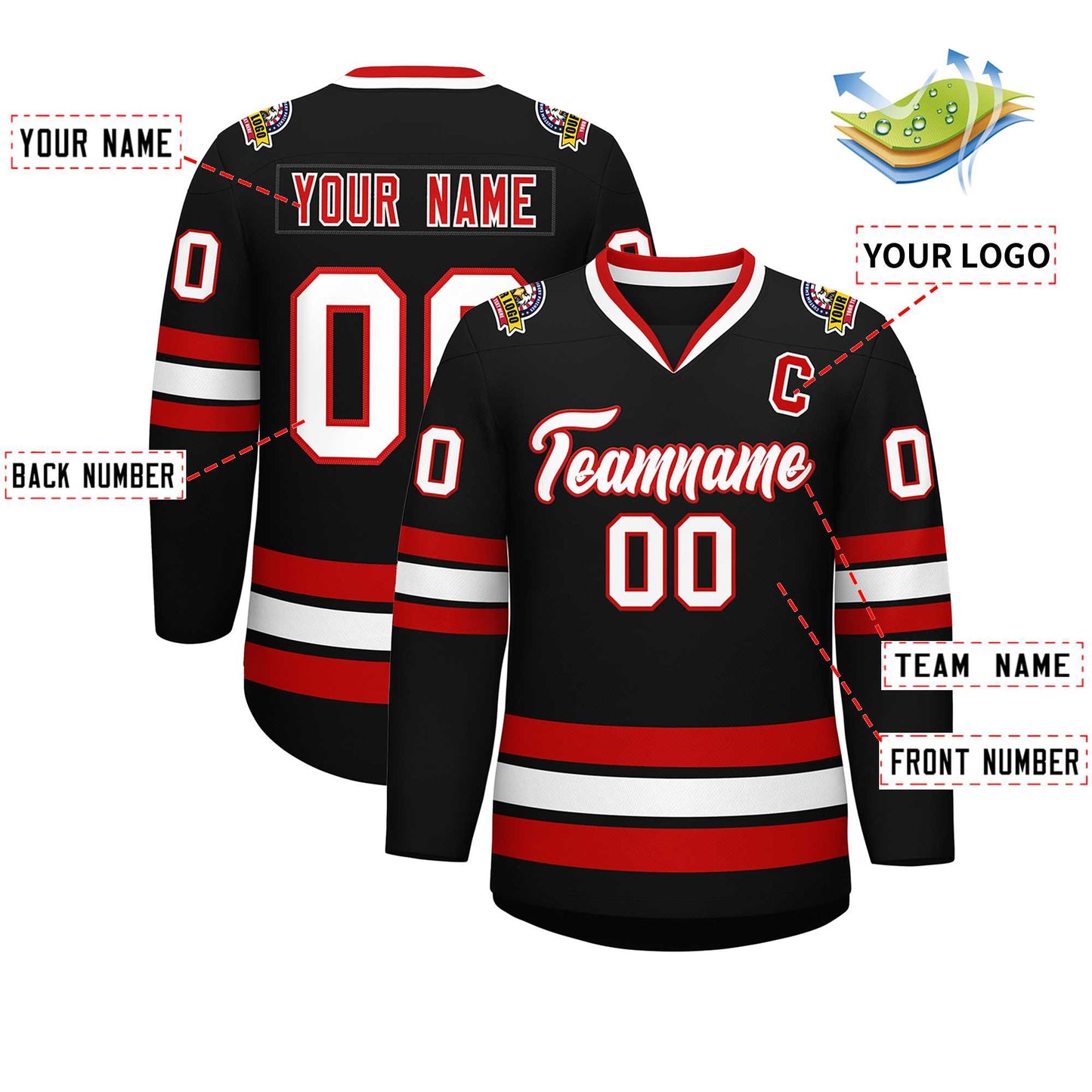 Custom Black White-Red Classic Style Hockey Jersey Limited