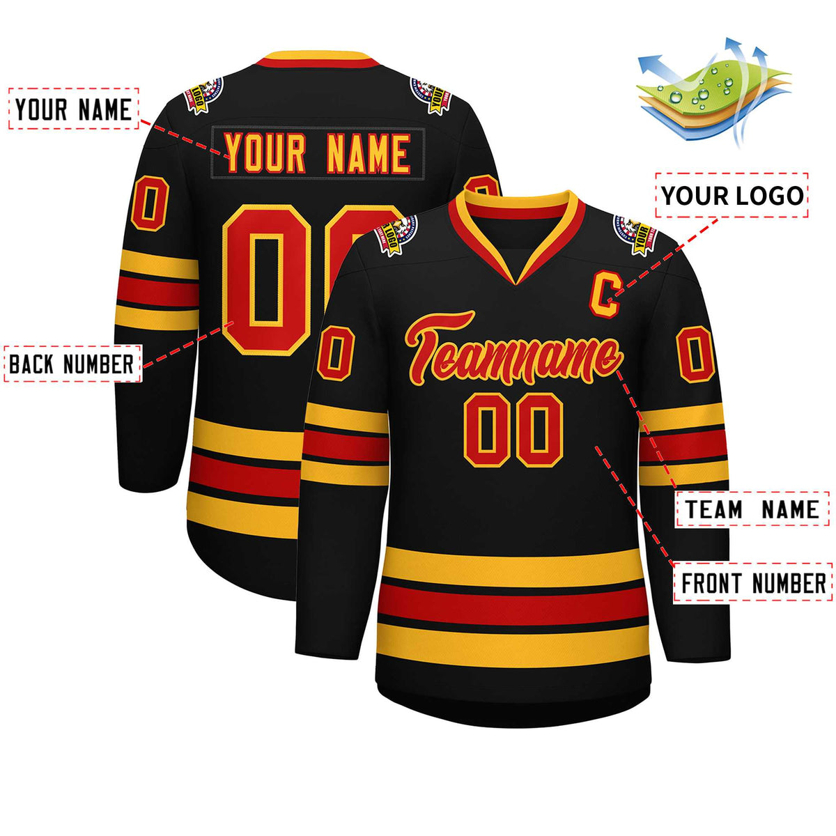 Custom Black Red-Gold Classic Style Hockey Jersey Limited
