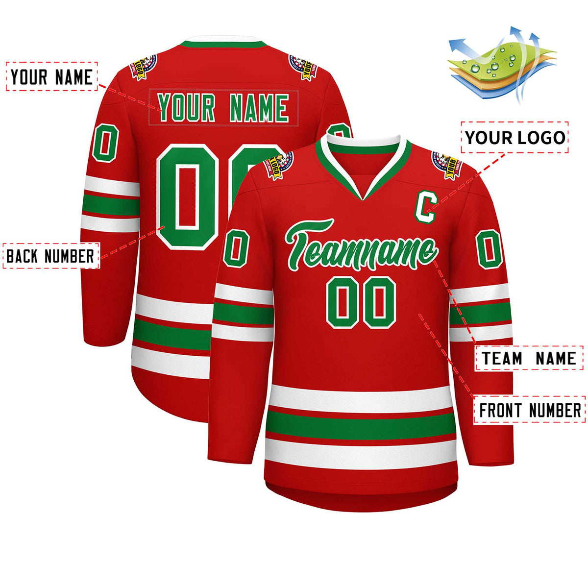 Custom Red Kelly Green-White Classic Style Hockey Jersey Limited