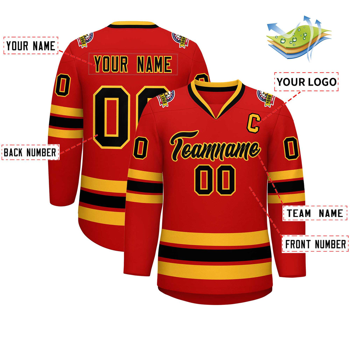 Custom Red Black-Gold Classic Style Hockey Jersey Limited