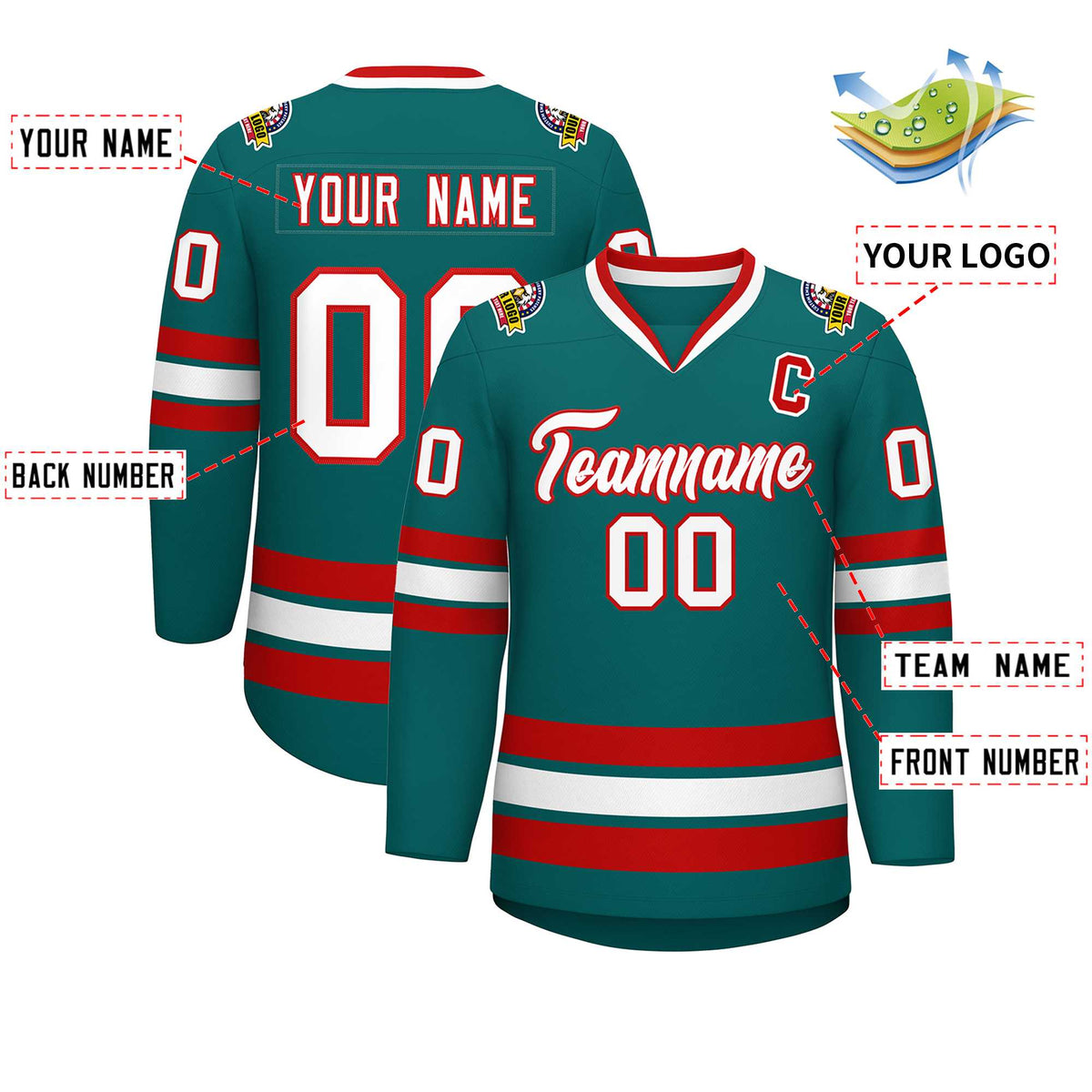 Custom Aqua White-Red Classic Style Hockey Jersey Limited