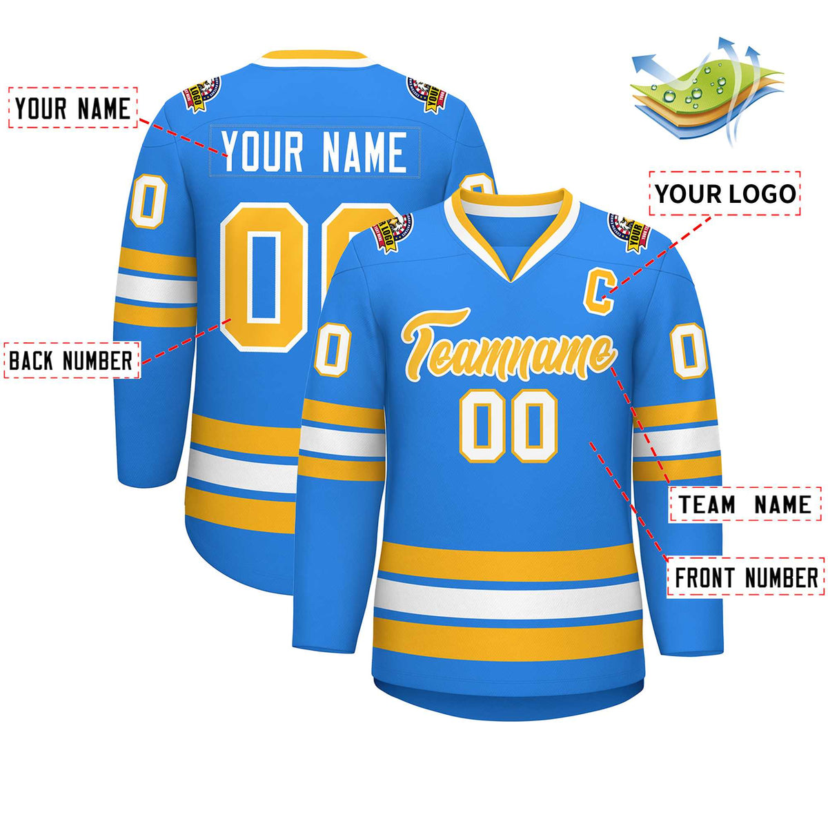 Custom Powder Blue Gold-White Classic Style Hockey Jersey Limited