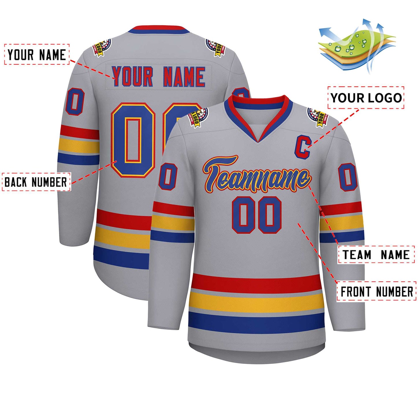 Custom Gray Royal Gold-Red Classic Style Hockey Jersey Limited