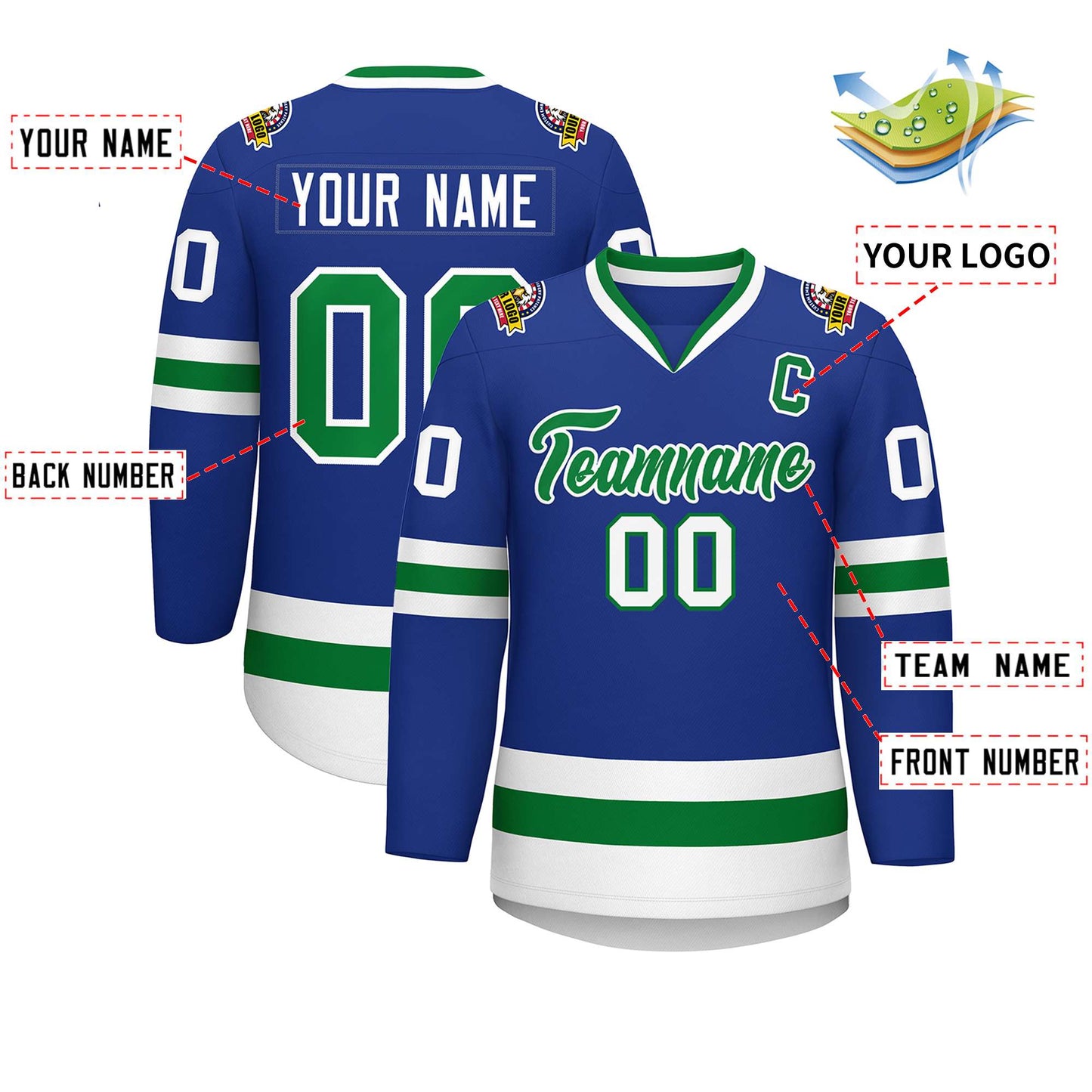 Custom Royal Kelly Green-White Classic Style Hockey Jersey Limited