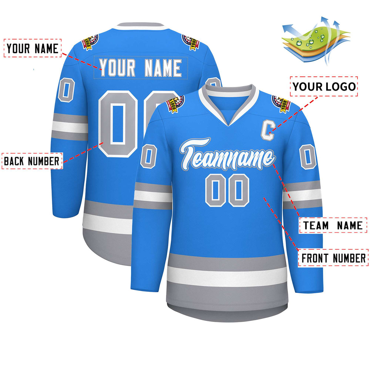 Custom Powder Blue White Powder Blue-Gray Classic Style Hockey Jersey Limited