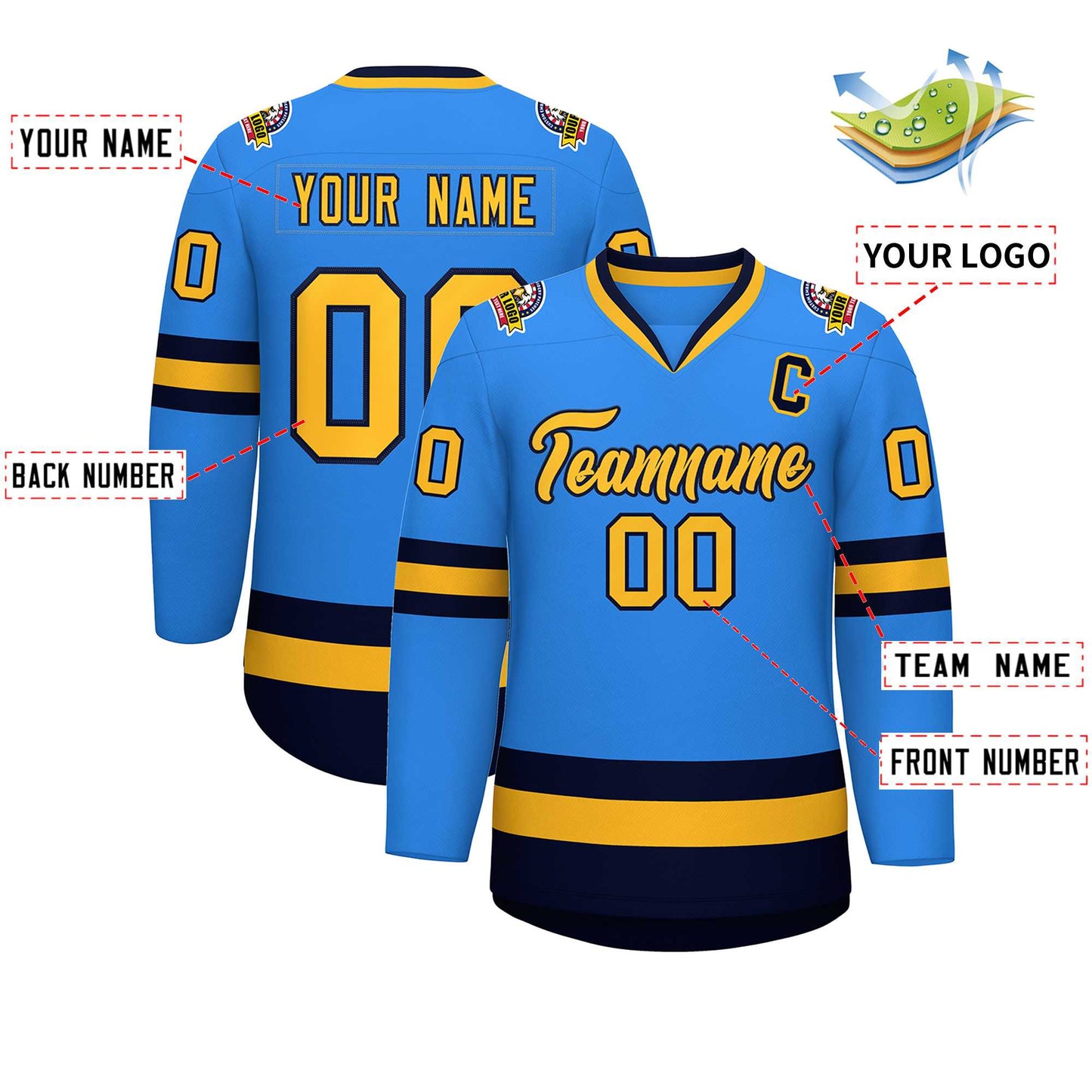 Custom Powder Blue Gold-Navy Classic Style Hockey Jersey Limited