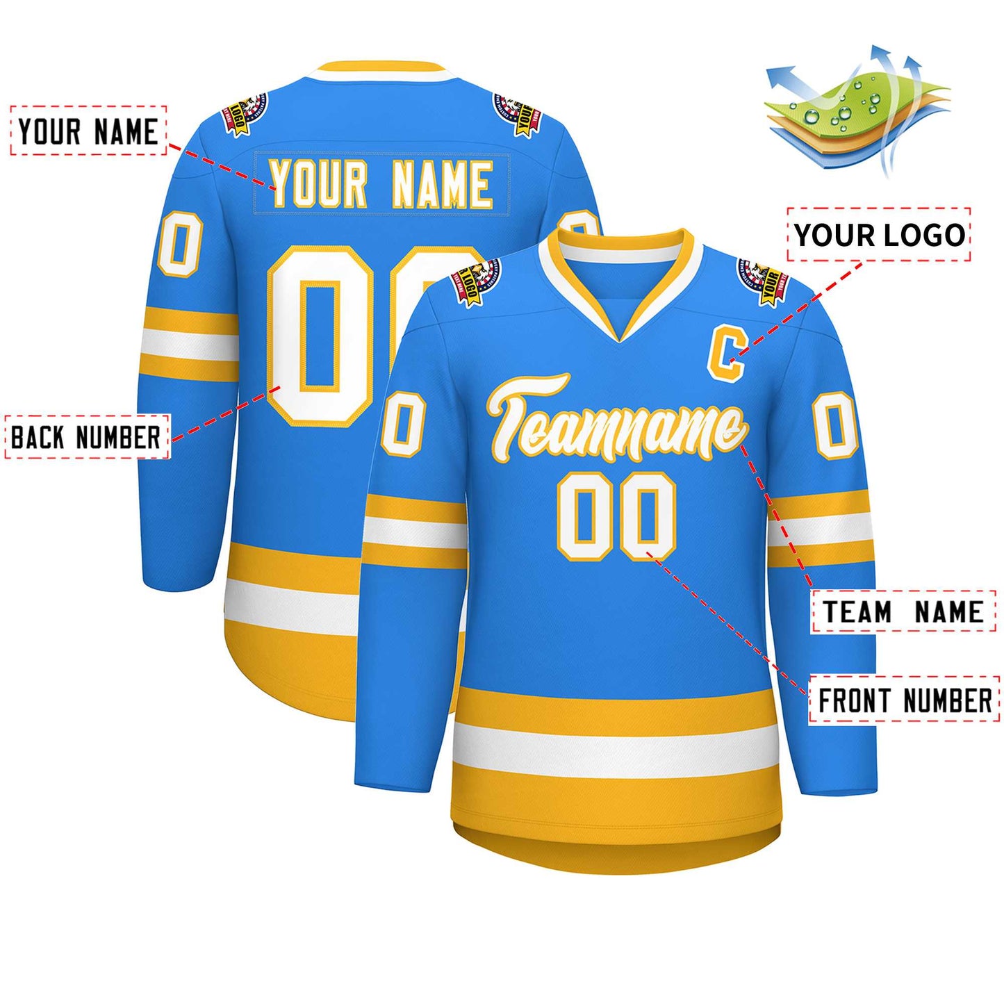 Custom Powder Blue White-Gold Classic Style Hockey Jersey Limited