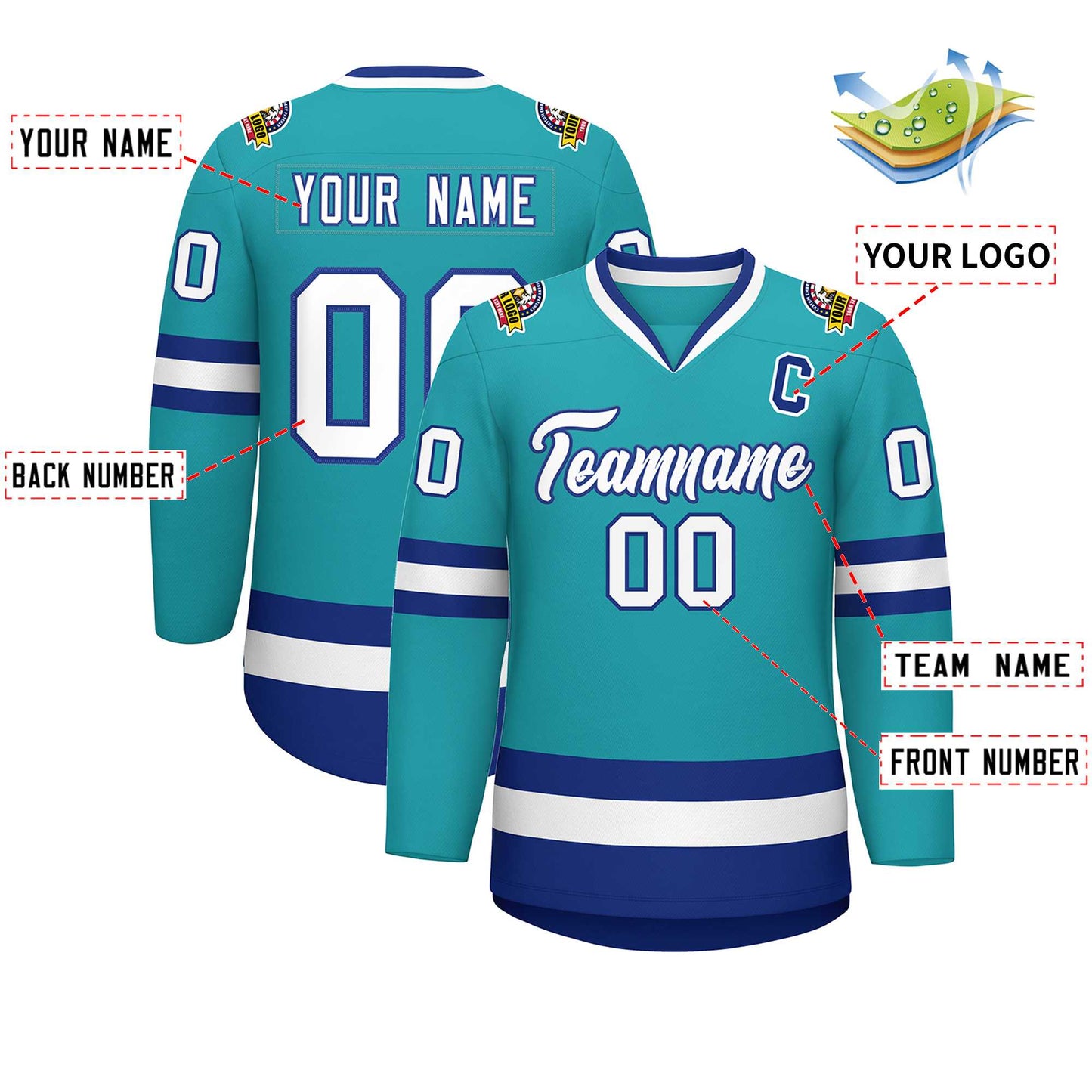 Custom Aqua White-Royal Classic Style Hockey Jersey Limited