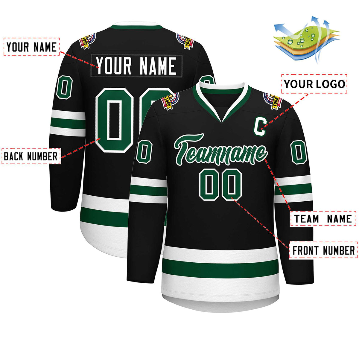 Custom Black Green-White Classic Style Hockey Jersey Limited