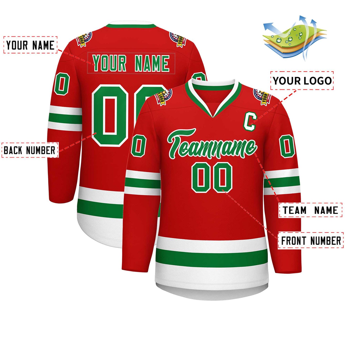 Custom Red Kelly Green-White Classic Style Hockey Jersey Limited
