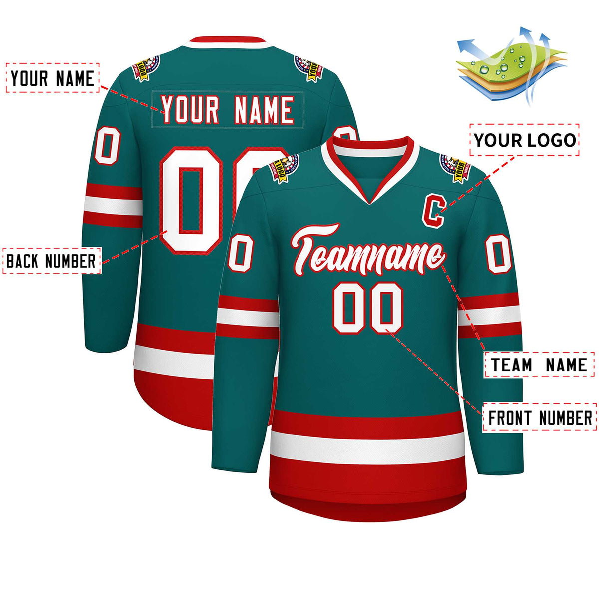 Custom Teal White-Red Classic Style Hockey Jersey Limited