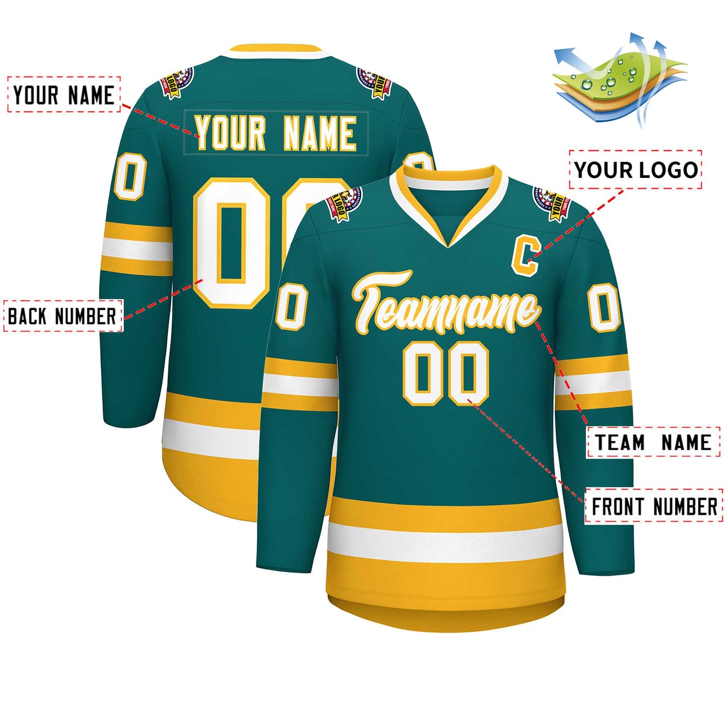 Custom Teal White-Gold Classic Style Hockey Jersey Limited