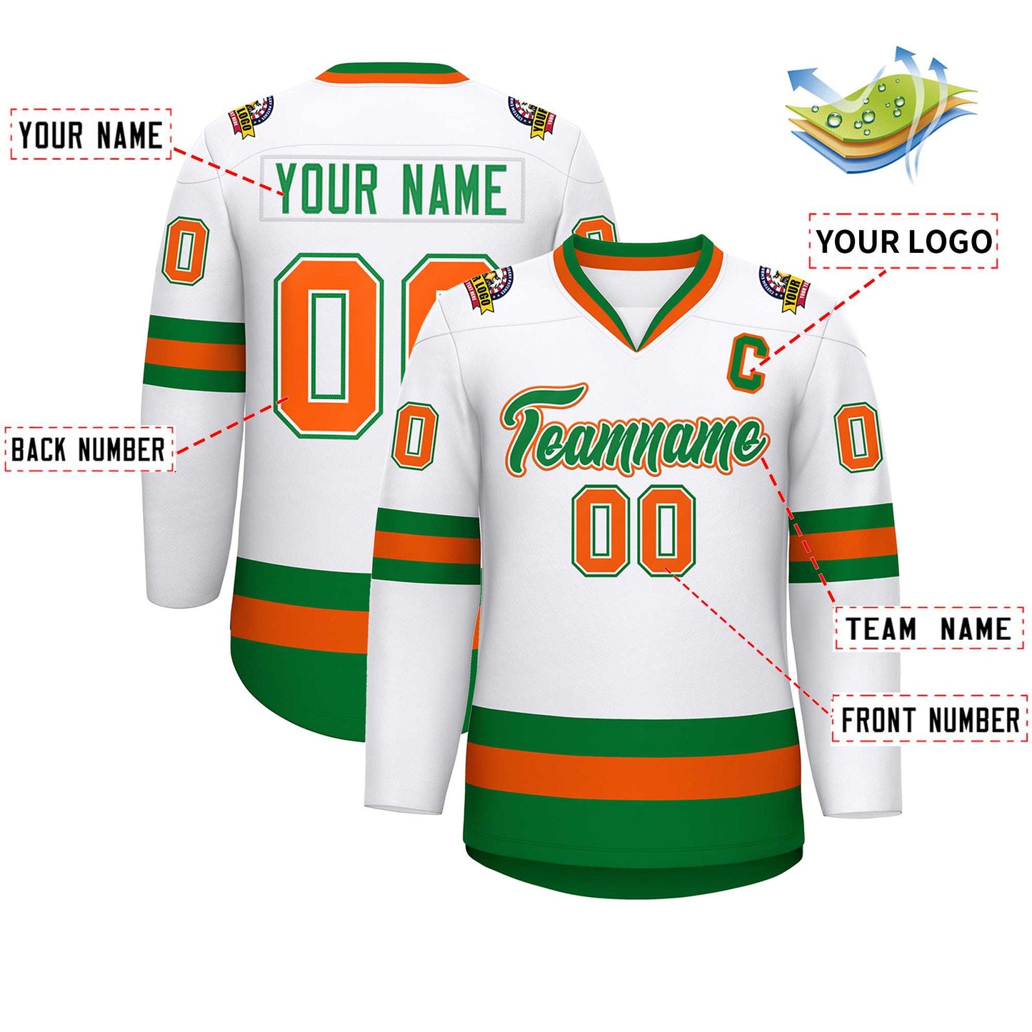 Custom White Kelly Green White-Orange Classic Style Hockey Jersey Limited