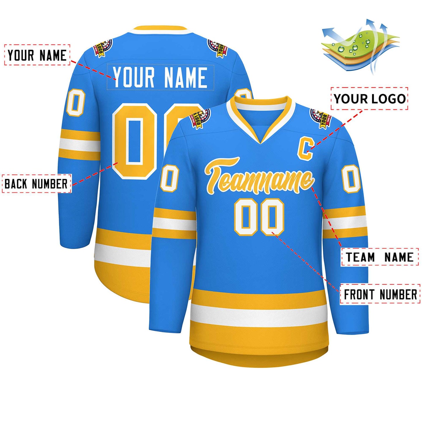 Custom Powder Blue Gold-White Classic Style Hockey Jersey Limited