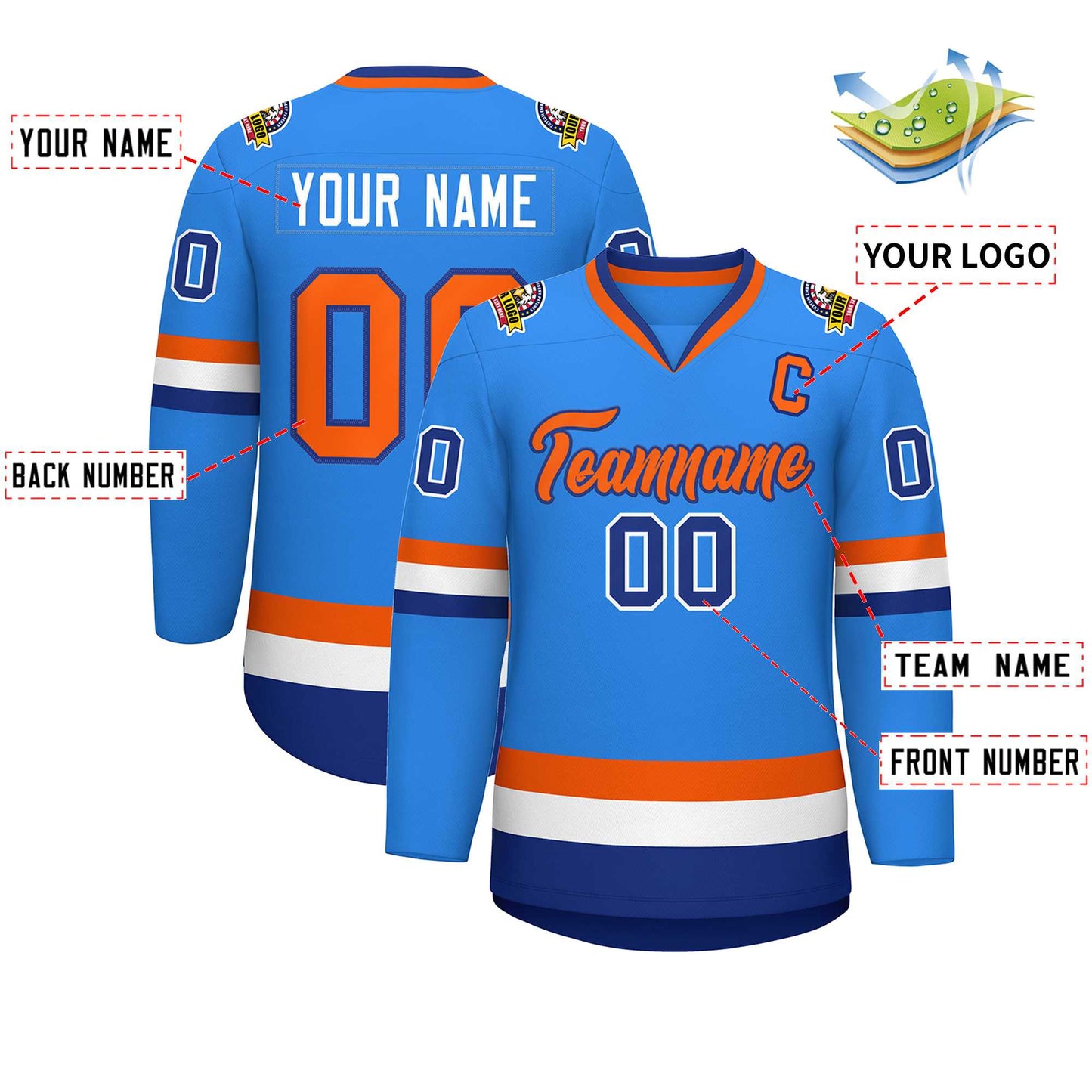 Custom Powder Blue Orange-Royal Classic Style Hockey Jersey Limited