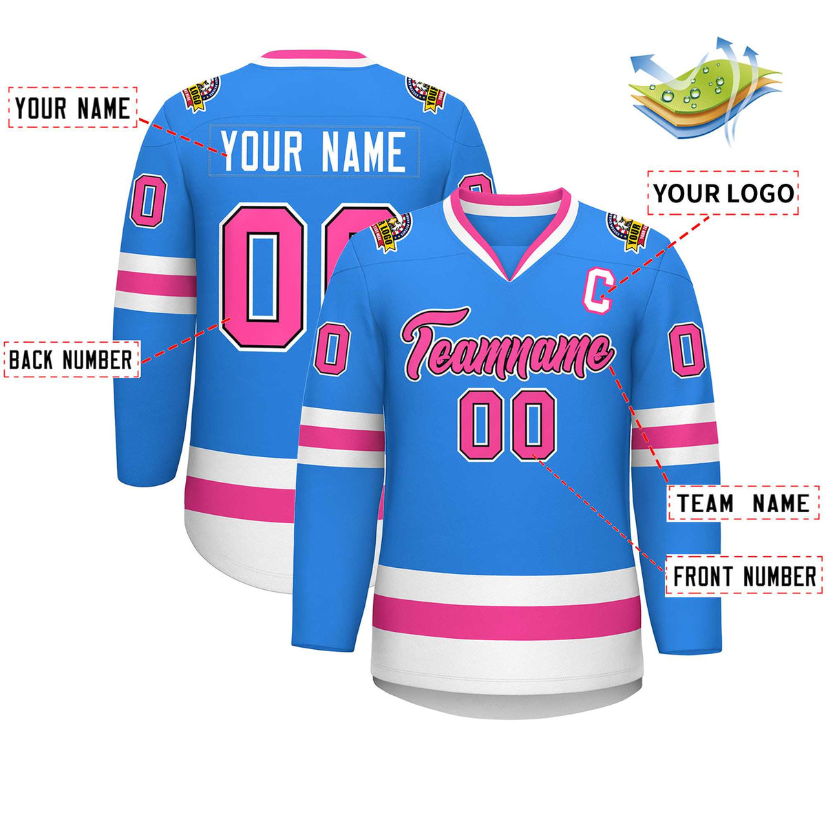 Custom Powder Blue Pink Black-White Classic Style Hockey Jersey Limited
