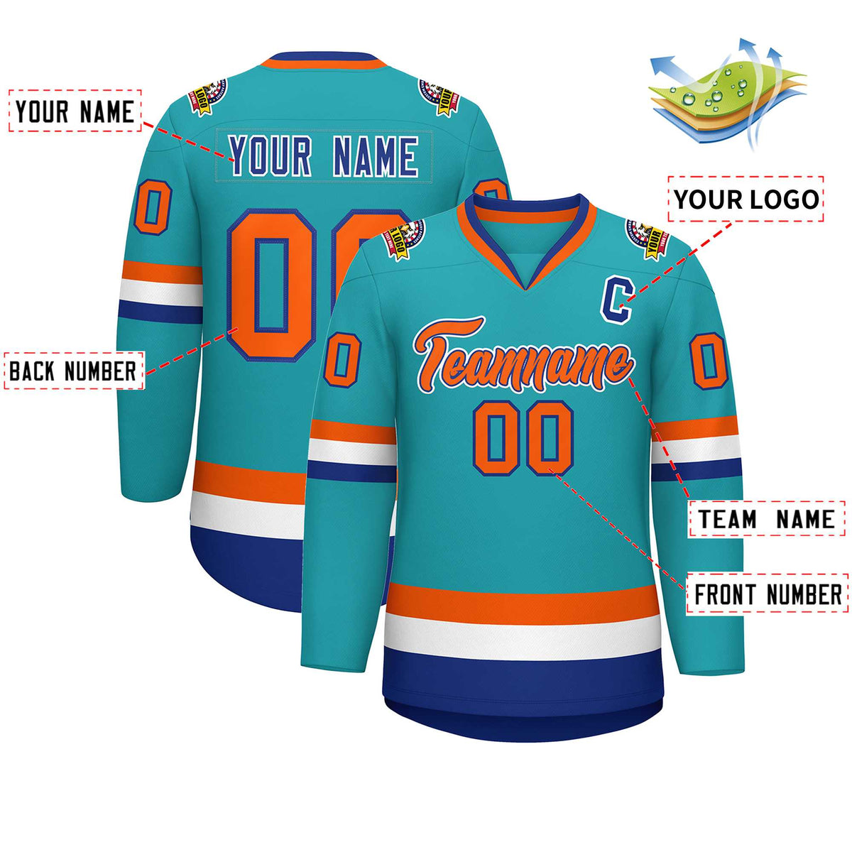 Custom Aqua Orange Royal-White Classic Style Hockey Jersey Limited