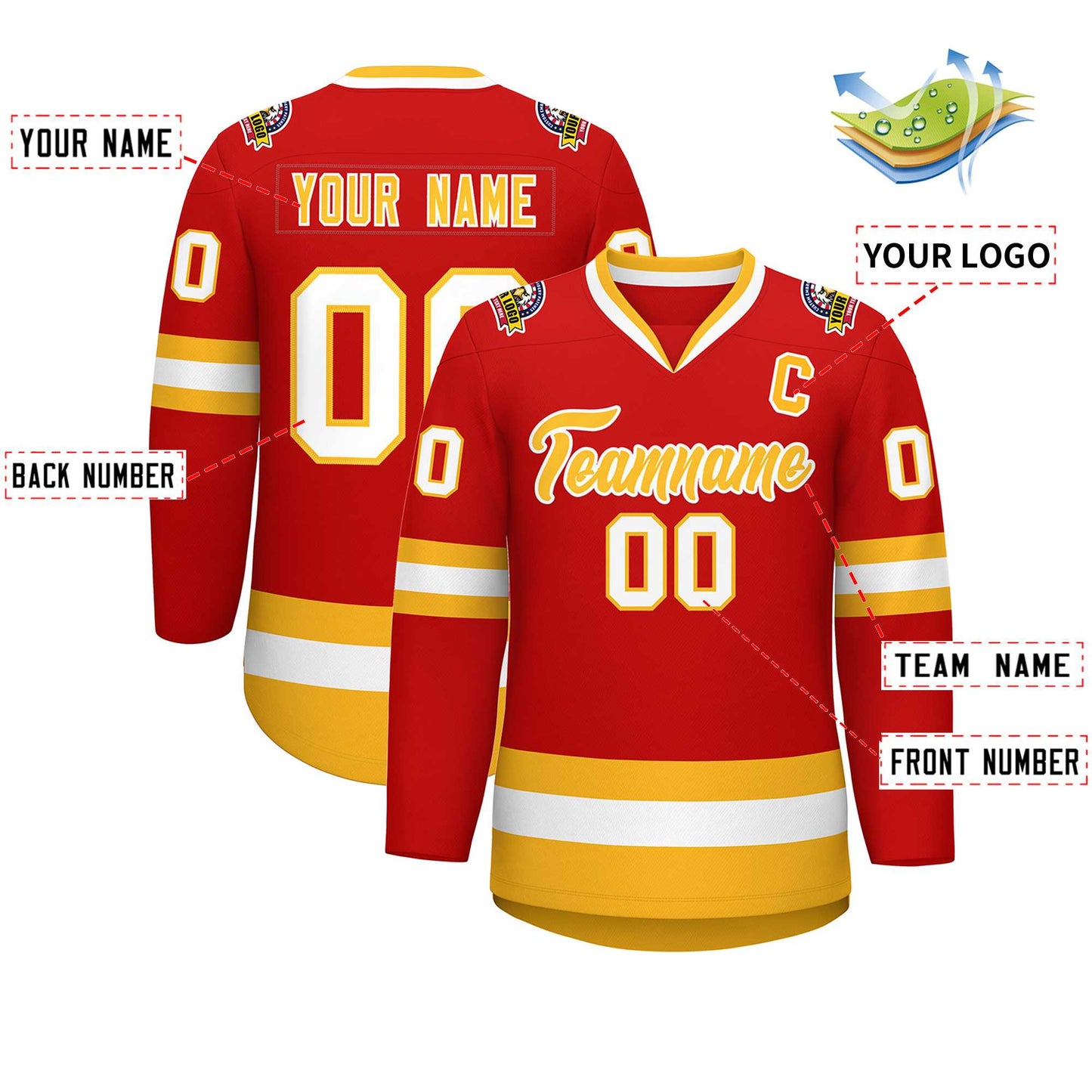 Custom Red Gold-White Classic Style Hockey Jersey Limited