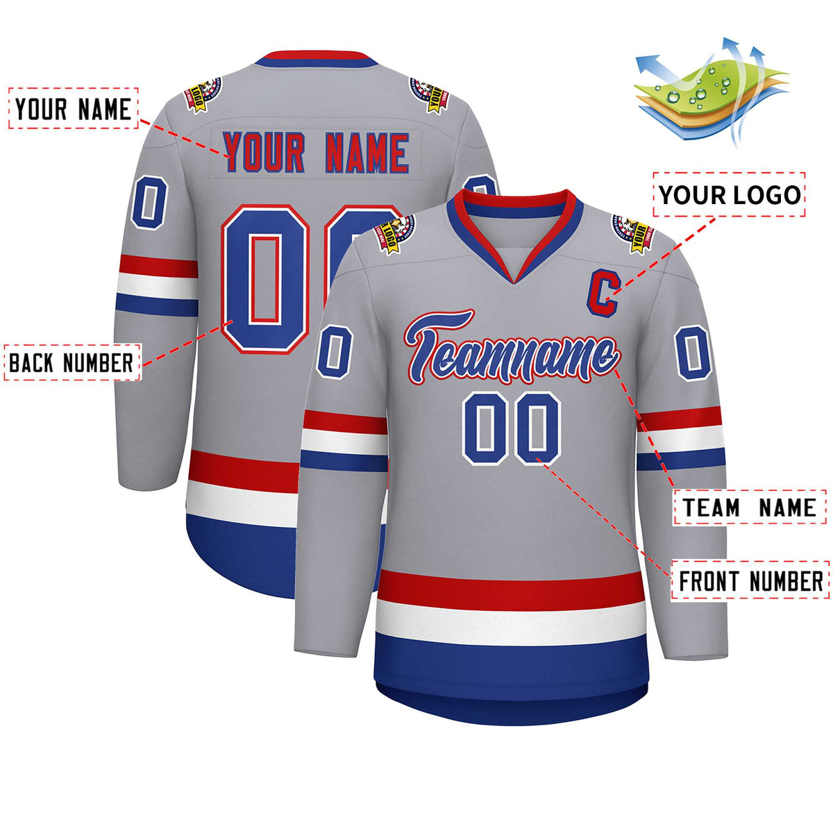 Custom Gray Royal White-Red Classic Style Hockey Jersey Limited