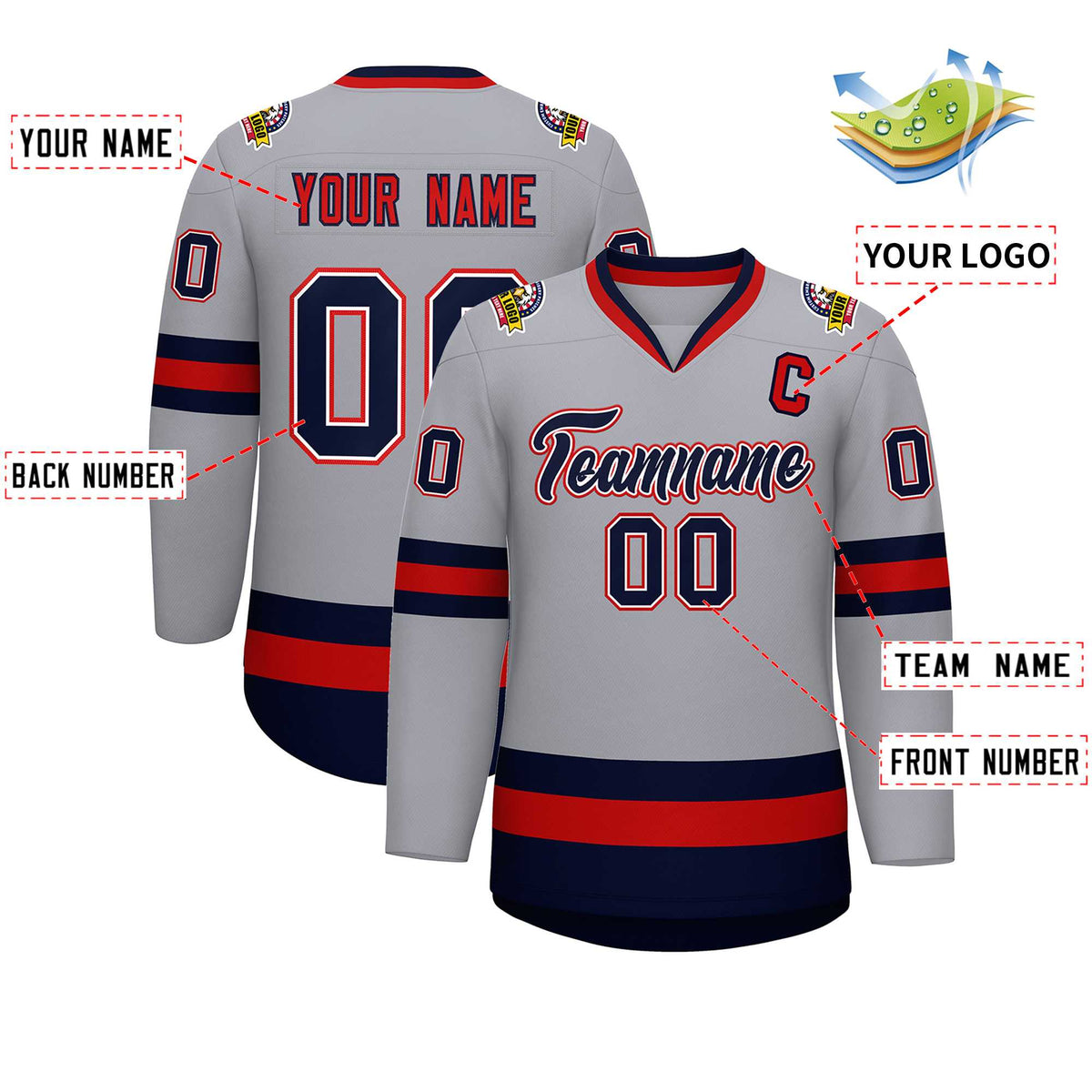 Custom Gray Navy White-Red Classic Style Hockey Jersey Limited