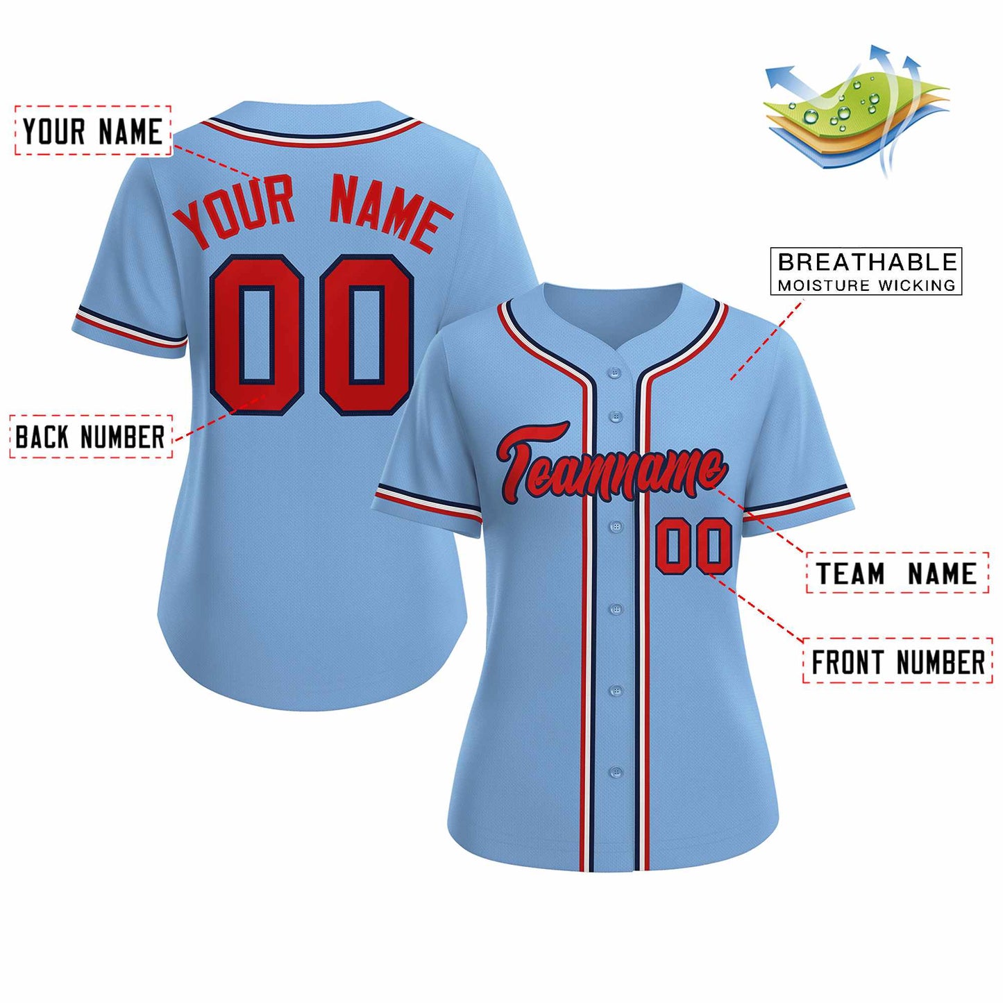 Custom Light Blue Red Navy Classic Style Baseball Jersey for Women Limited