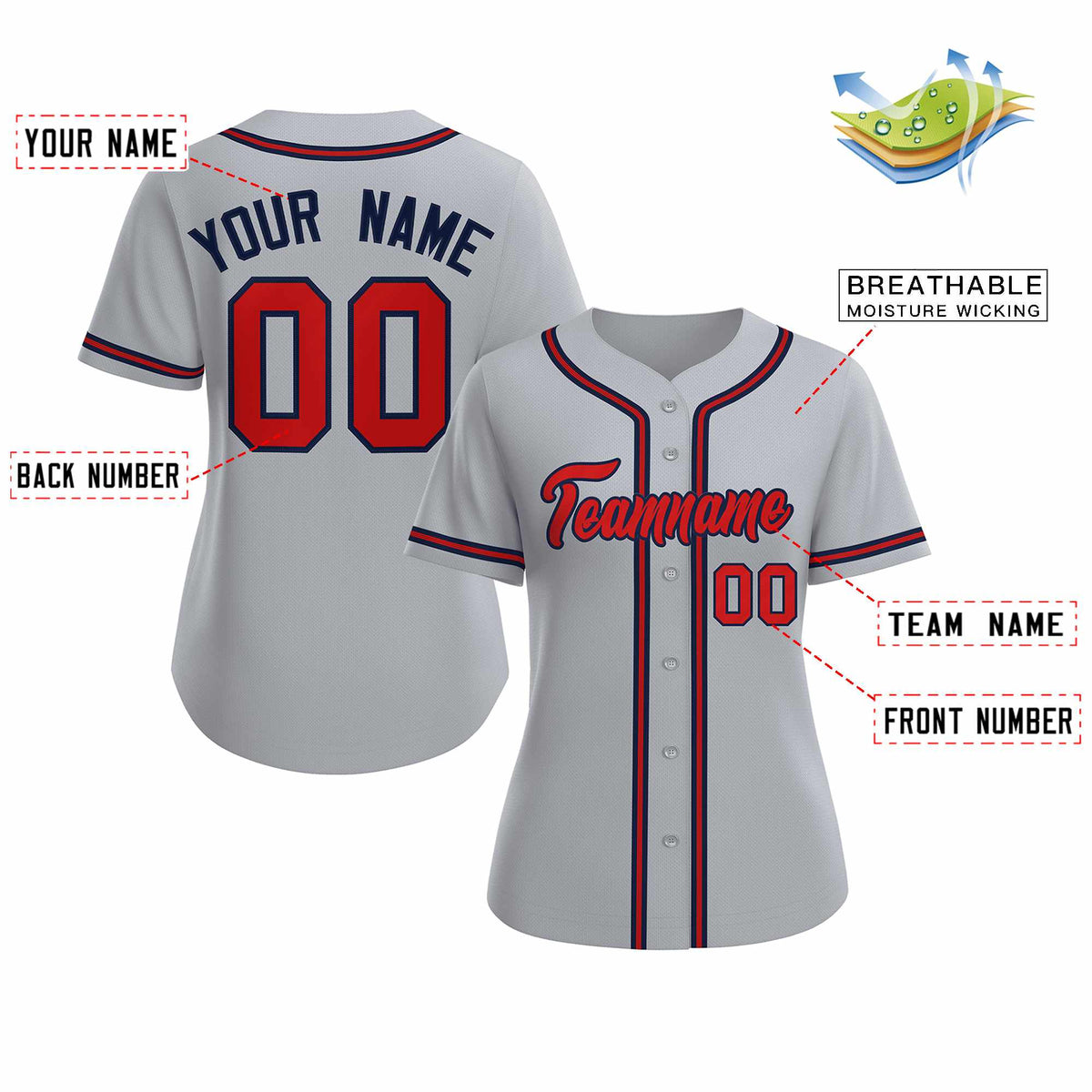 Custom Gray Red Navy Classic Style Baseball Jersey for Women Limited