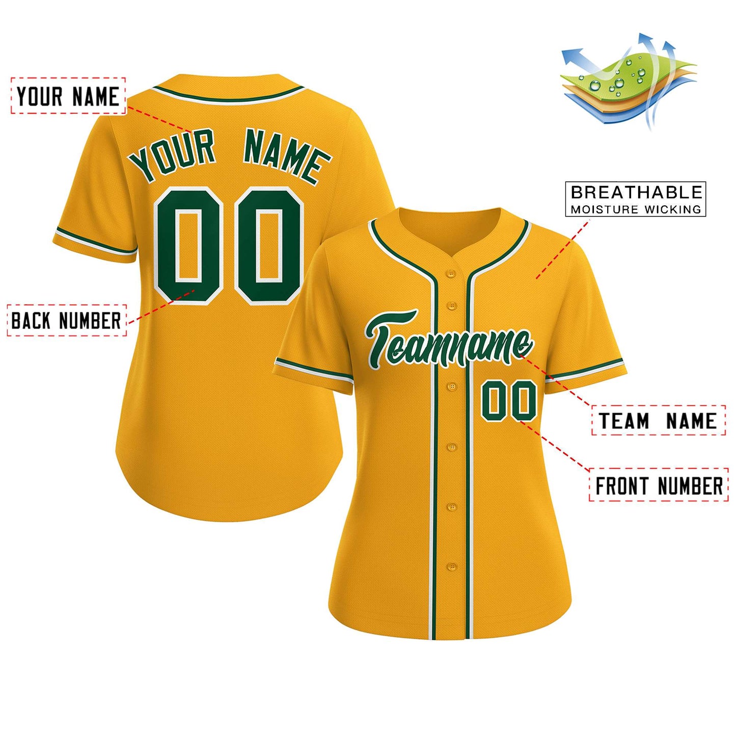 Custom Gold Green-White Classic Style Baseball Jersey For Women Limited