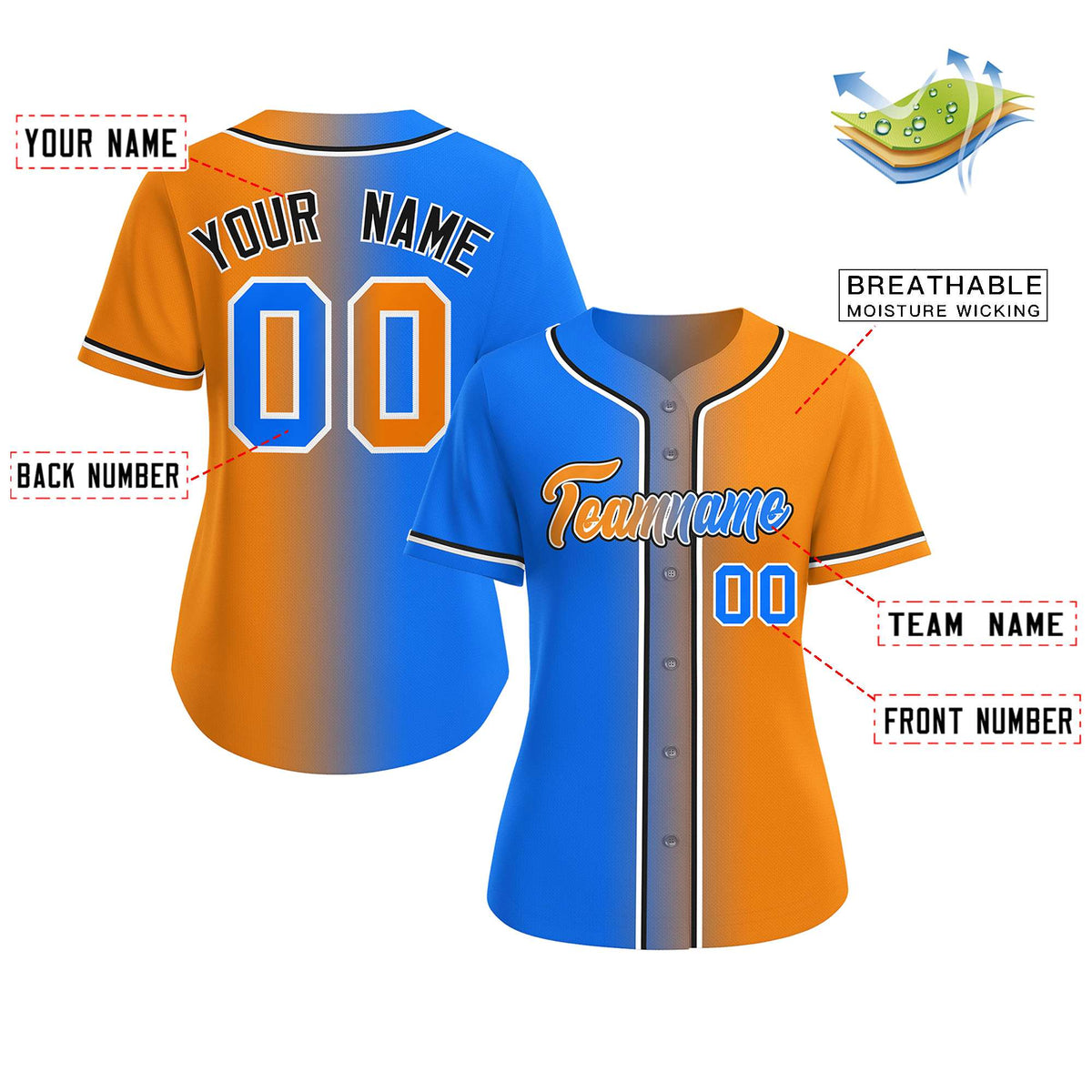 Custom Light Blue Orange-White Gradient Fashion Baseball Jersey For Women Limited