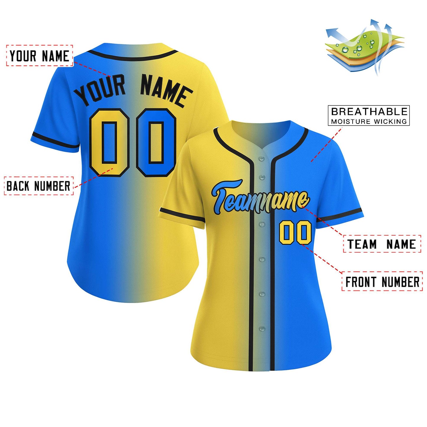 Custom Gold Light Blue-Black Gradient Fashion Baseball Jersey For Women Limited