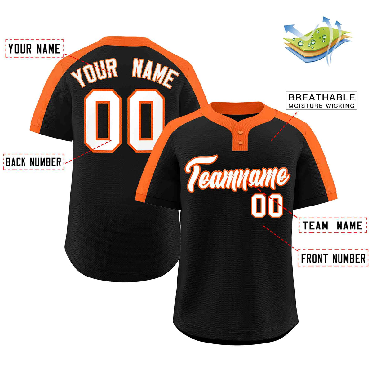 Custom Black White-Orange Classic Style Authentic Two-Button Softball Jersey Limited