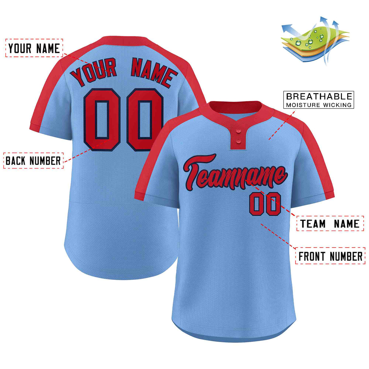 Custom Light Blue Red-Navy Classic Style Authentic Two-Button Softball Jersey Limited
