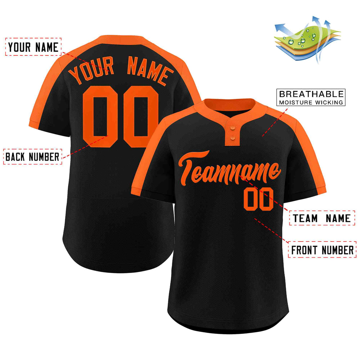 Custom Black Orange Classic Style Authentic Two-Button Softball Jersey Limited