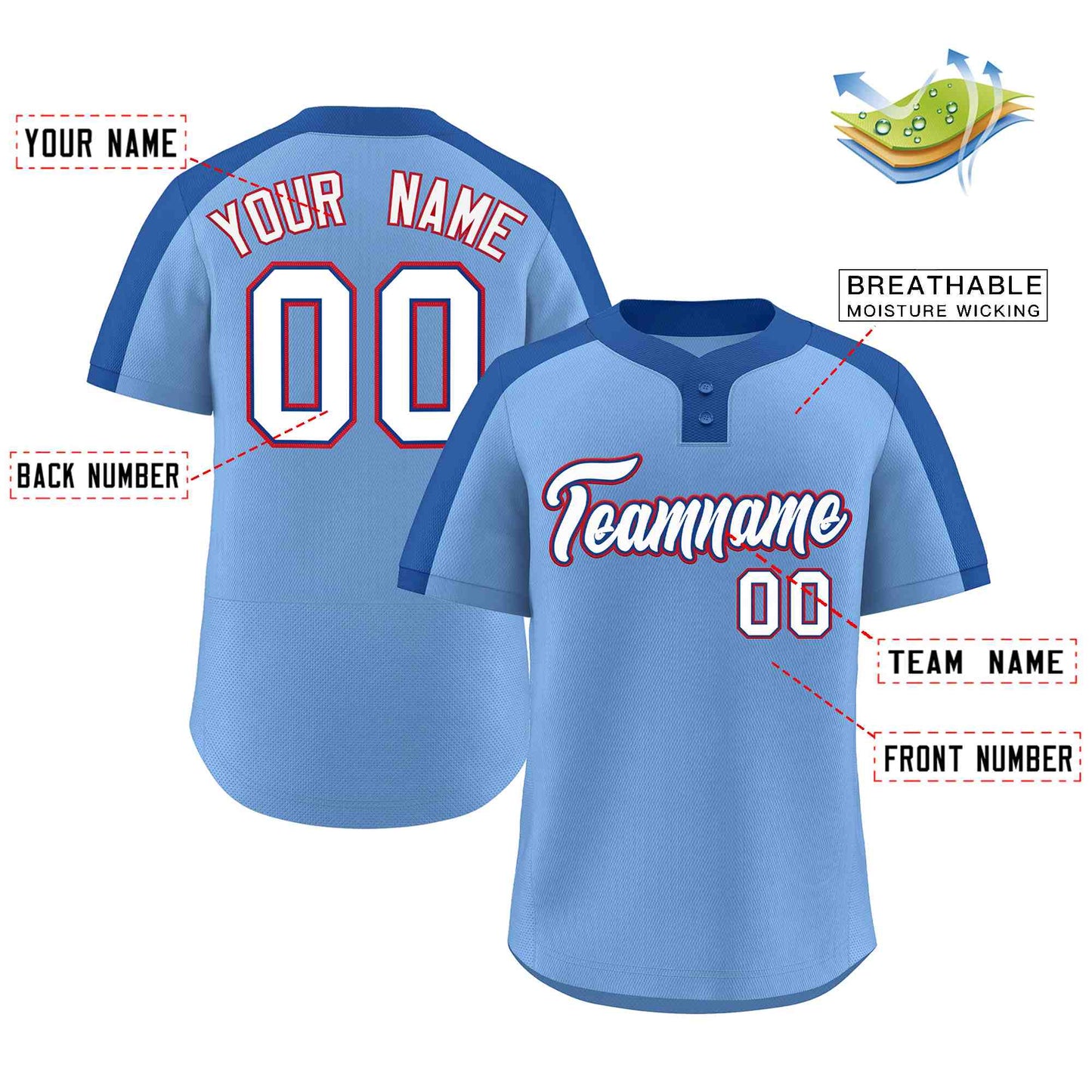 Custom Light Blue White-Royal Classic Style Authentic Two-Button Softball Jersey Limited