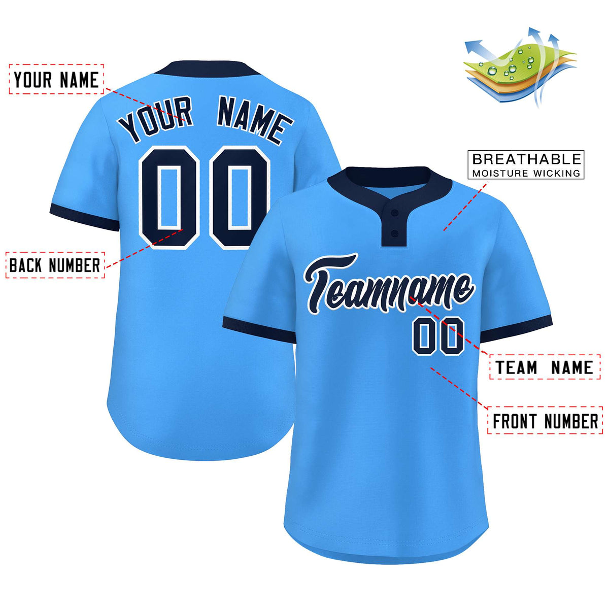 Custom Powder Blue Navy-White Classic Style Authentic Two-Button Softball Jersey Limited