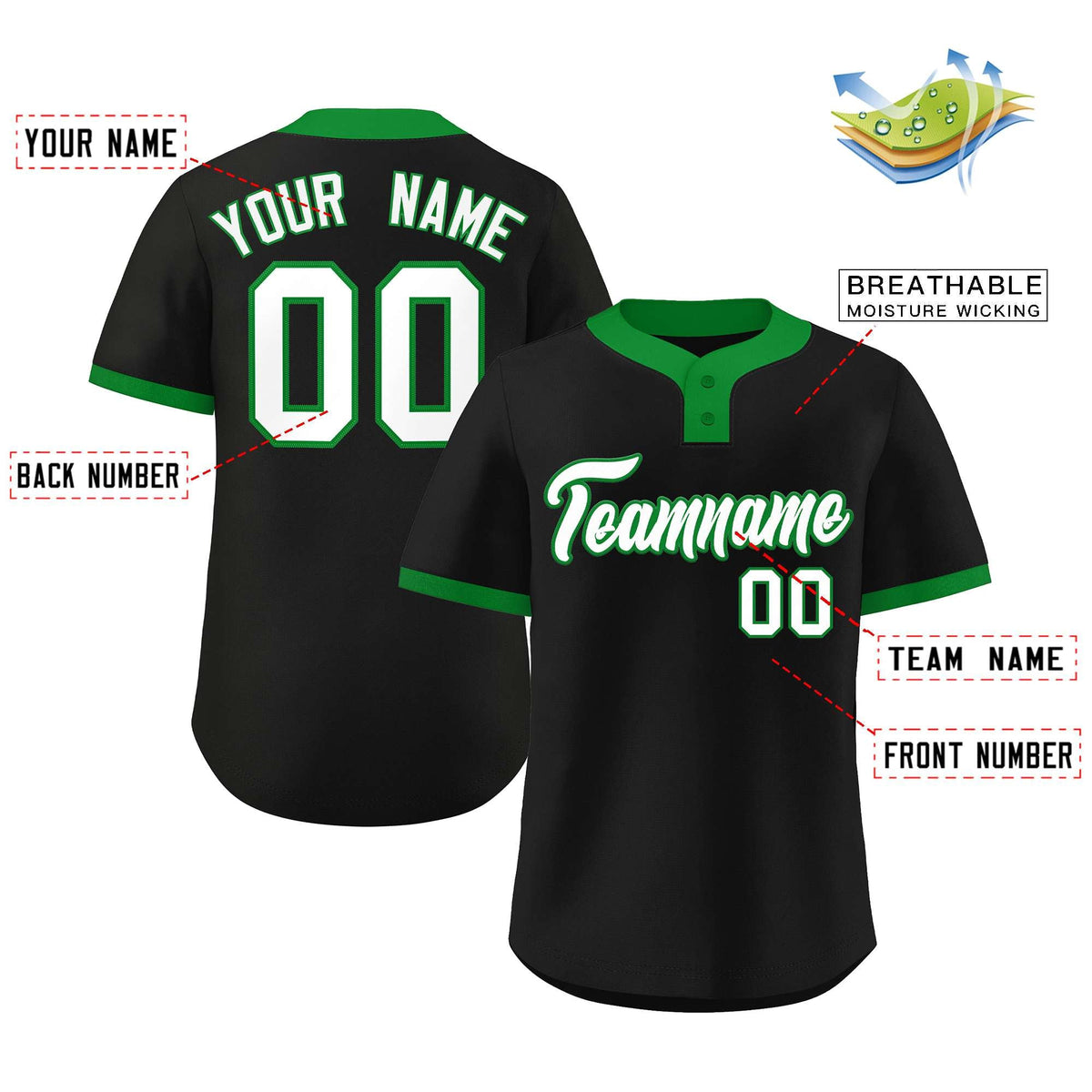 Custom Black White-Kelly Green Classic Style Authentic Two-Button Softball Jersey Limited