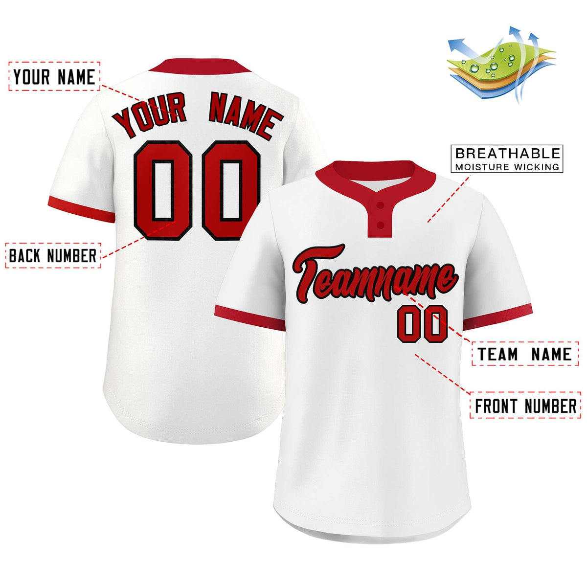 Custom White Red-Black Classic Style Authentic Two-Button Softball Jersey Limited