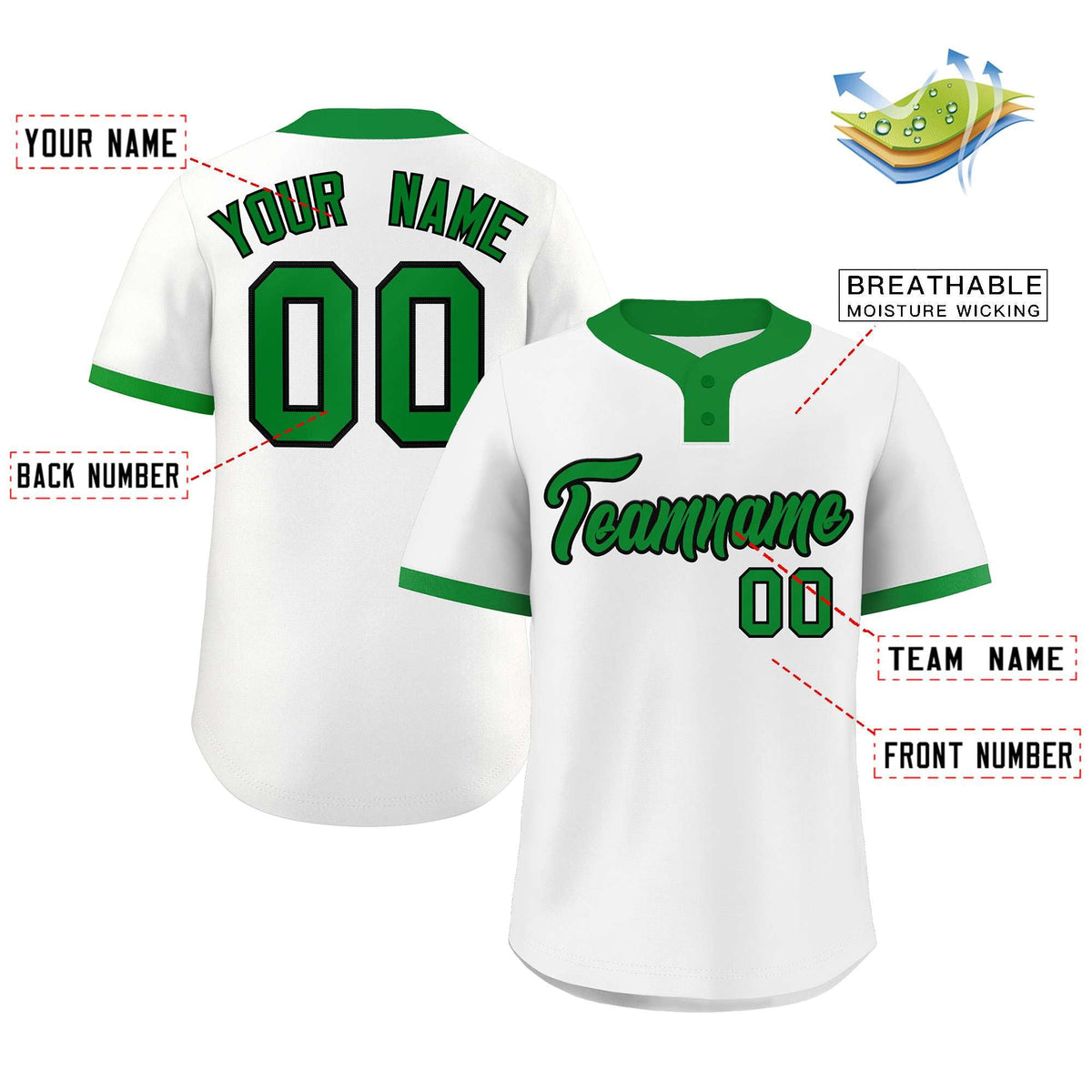 Custom White Kelly Green-Black Classic Style Authentic Two-Button Softball Jersey Limited