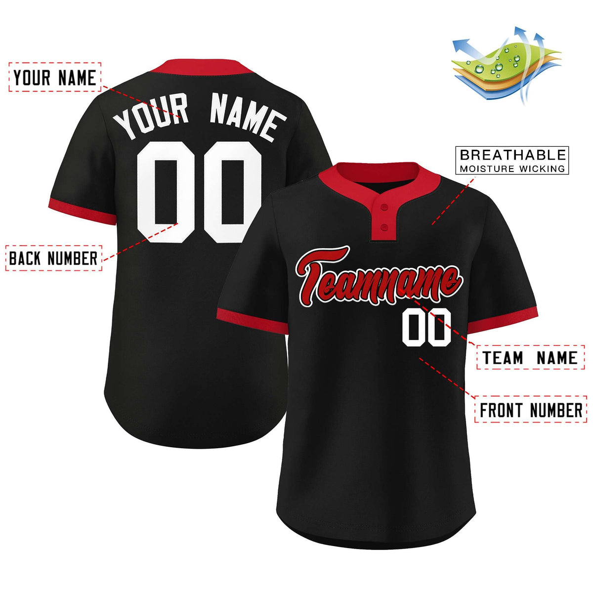 Custom Black Red-White Classic Style Authentic Two-Button Softball Jersey Limited