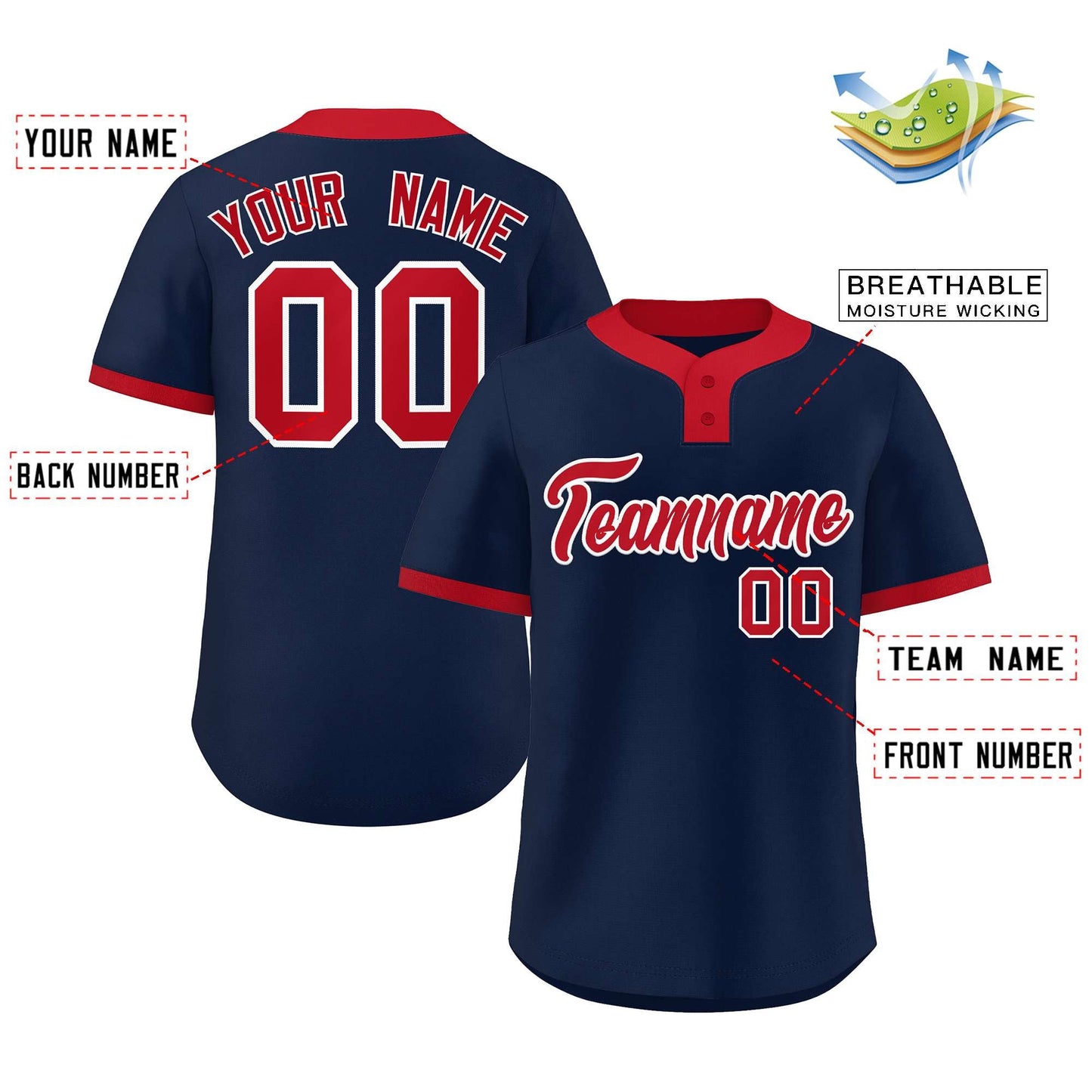 Custom Navy Red Classic Style Authentic Two-Button Softball Jersey Limited