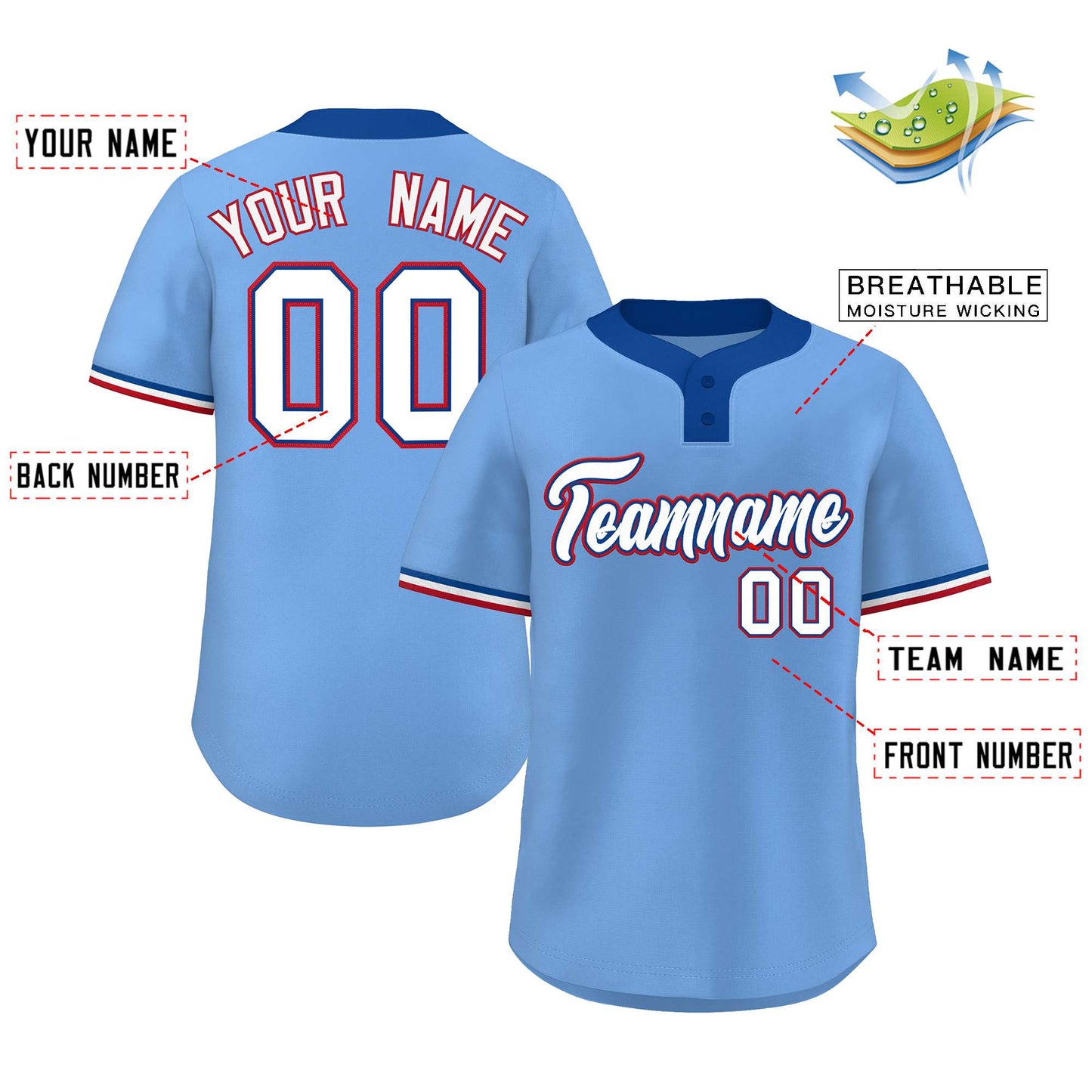 Custom Light Blue White-Red Classic Style Authentic Two-Button Softball Jersey Limited