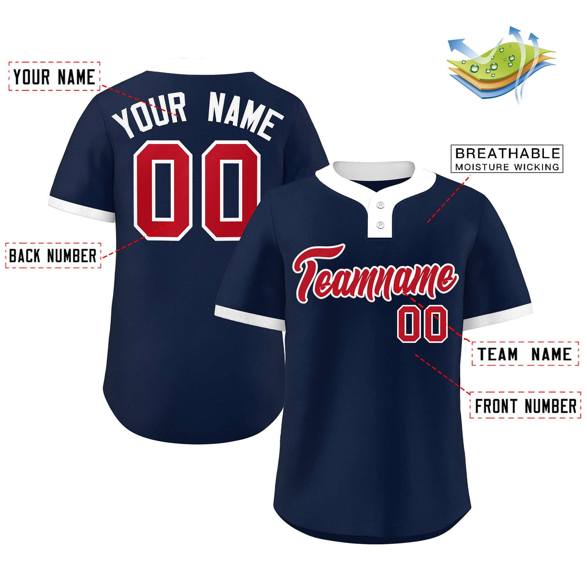 Custom Navy Red-White Classic Style Authentic Two-Button Softball Jersey Limited