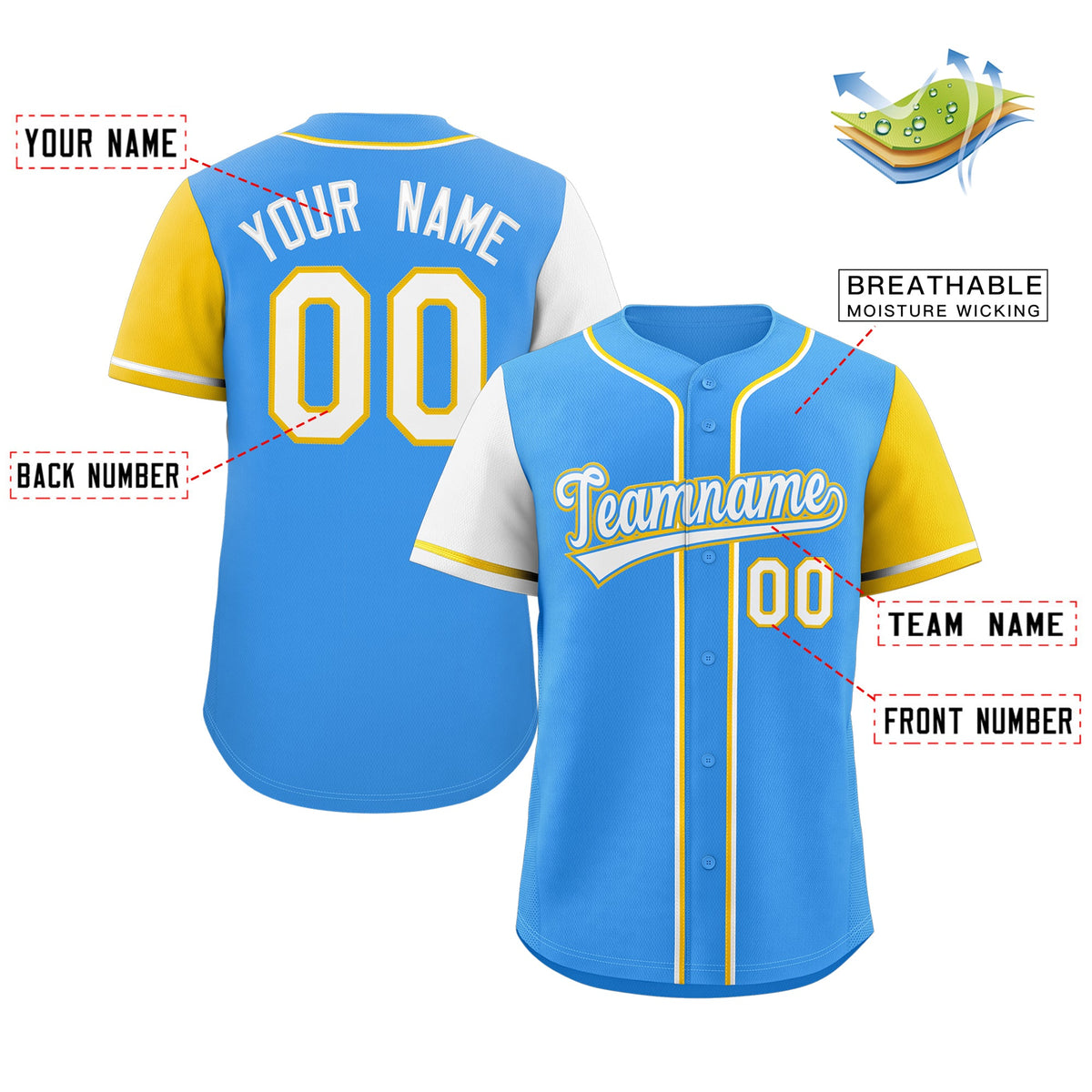 Custom Powder Blue White-Gold Raglan Sleeves Authentic Baseball Jersey Limited