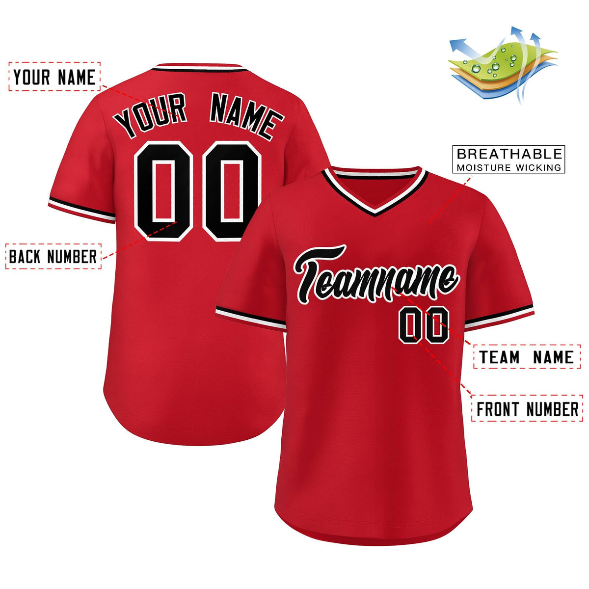 Custom Red Black-White Classic Style V-Neck Authentic Pullover Baseball Jersey Limited