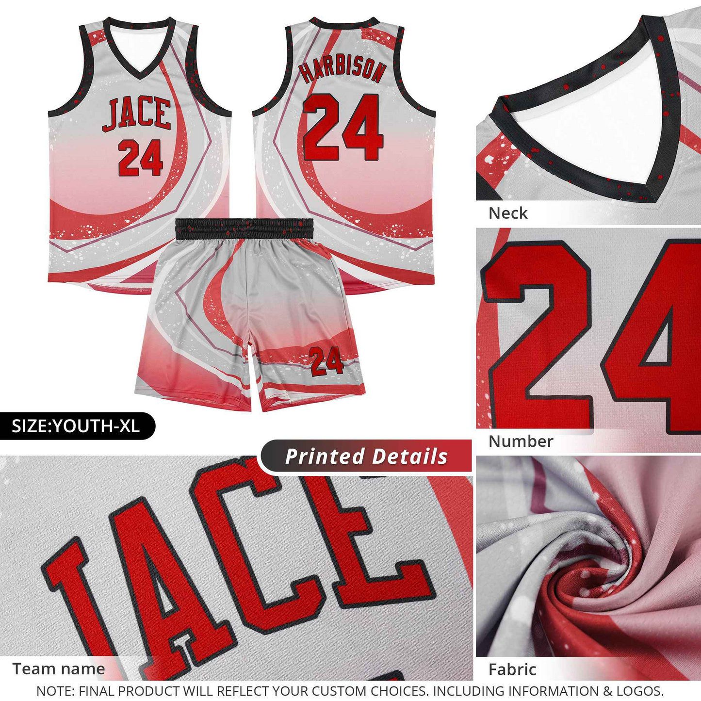 Custom Gray Red Personalized Galaxy Graffiti Pattern Sports Uniform Basketball Jersey Limited