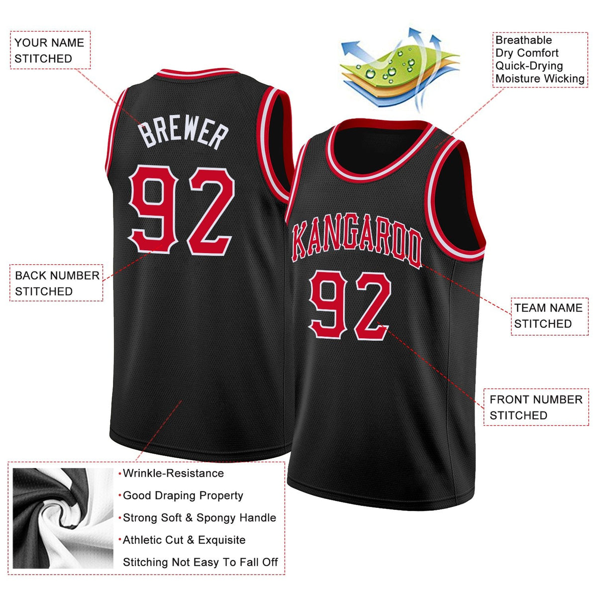 Custom Black Red-White Classic Tops Breathable Basketball Jersey Limited
