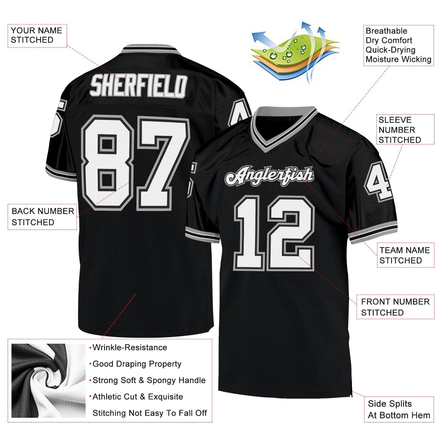 Custom Black White-Gray Mesh Authentic Throwback Football Jersey Limited