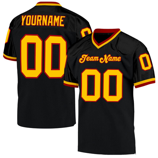 Custom Black Gold-Red Mesh Authentic Throwback Football Jersey Limited
